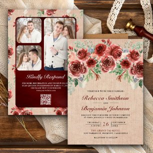 Invitación Burlap Marsala Floral Photo QR Code Boda