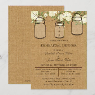 Invitación Burlap Mason Jar Ensayos Florales de Marfil Cena