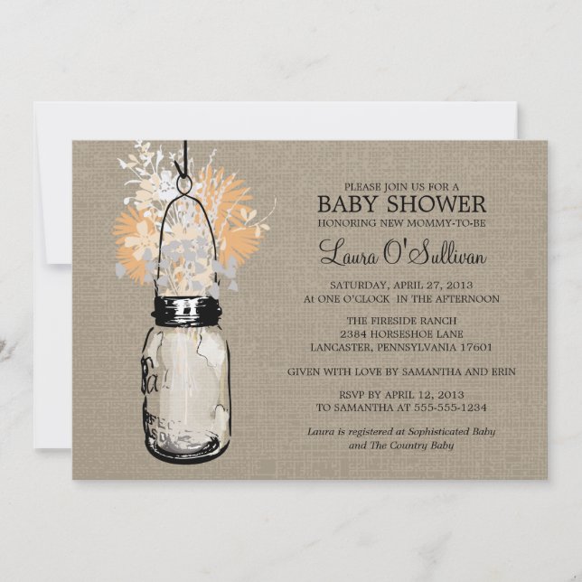 Invitación Burlap Mason Jar Wildflowers Baby Shower (Anverso)