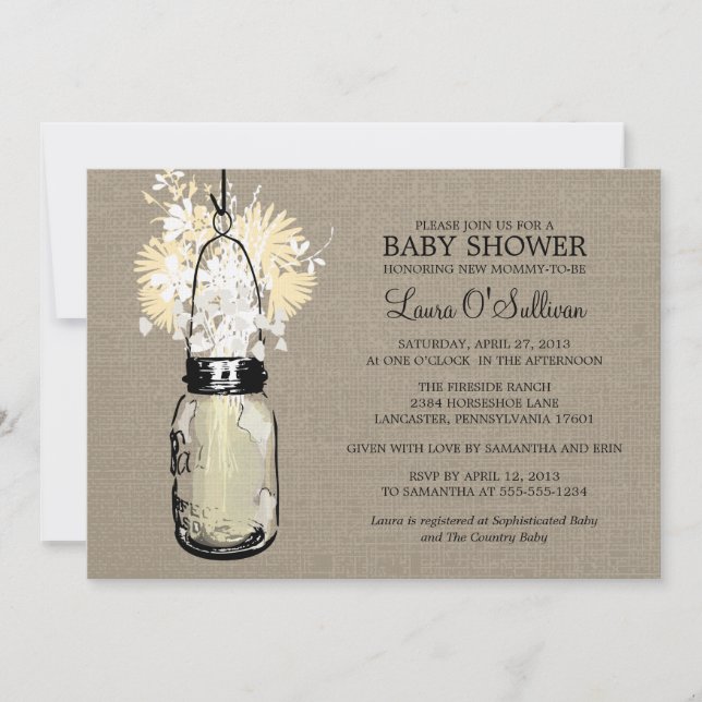 Invitación Burlap Mason Jar Wildflowers Baby Shower (Anverso)