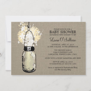 Invitación Burlap Mason Jar Wildflowers Baby Shower