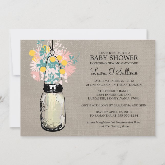 Invitación Burlap Mason Jar Wildflowers Baby Shower (Anverso)