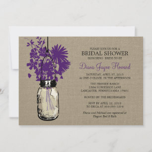 Invitación Burlap Mason Jar y Wildflowers rusos