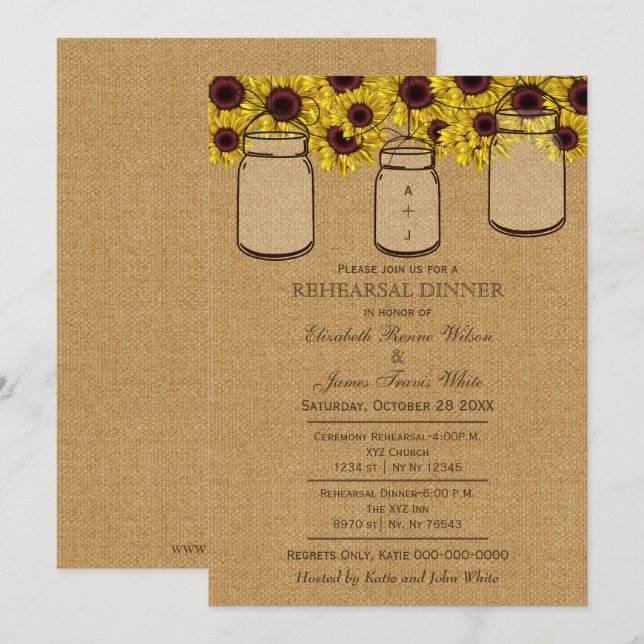 Invitación Burlap Mason Jars Sunflowers Cena (Anverso / Reverso)