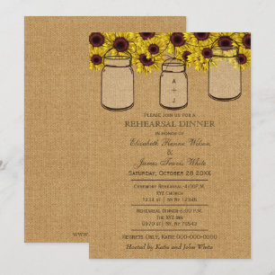 Invitación Burlap Mason Jars Sunflowers Cena