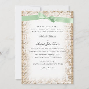 Invitación Burlap Mint Green Bow y White Lace