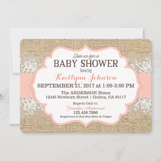Invitación Burlap moderno Chica de coral de encaje ruso Baby  (Anverso)