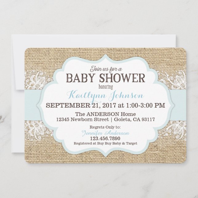 Invitación Burlap Moderno Lace Blue Boy Baby Shower (Anverso)