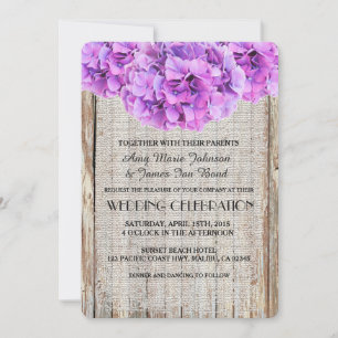 Invitación Burlap morado hidrangea rústica invita a la boda p