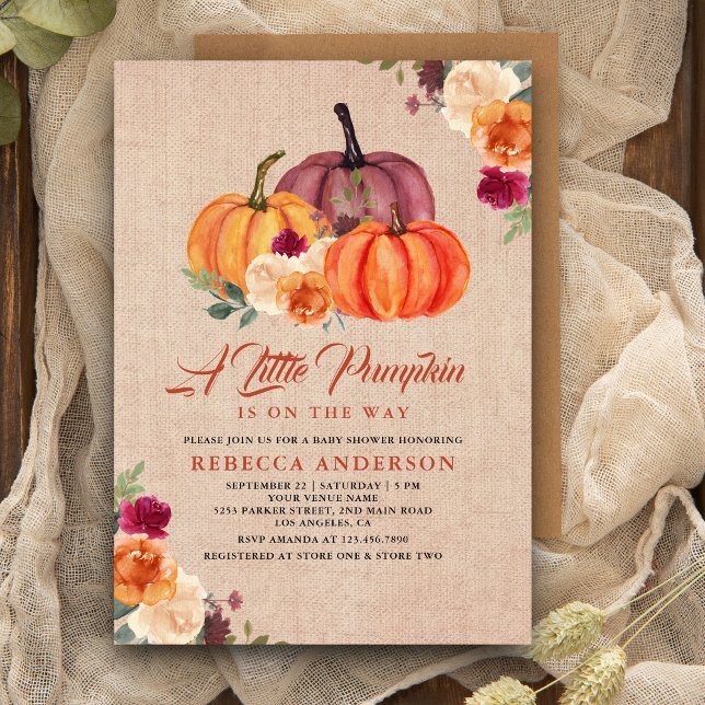 Invitación Burlap Naranja Floral Calabaza Baby Shower (Subido por el creador)