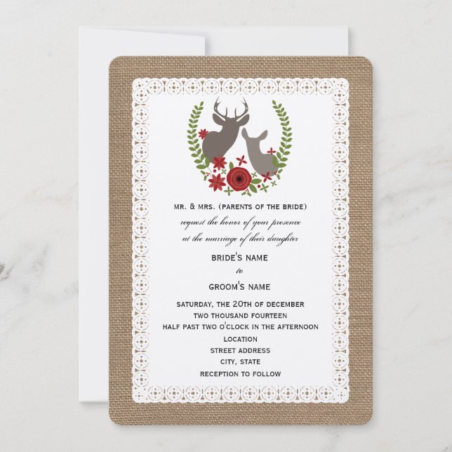 Invitación Burlap + Navidades de encaje Boda Buck + Doe Deer (Anverso)