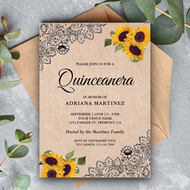 Invitación Burlap Negro Rústico Girasol Quinceanera (Subido por el creador)