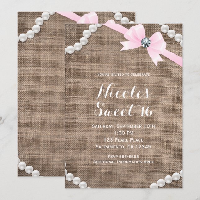 Invitación Burlap & Pearls Glamour Bow Rosado Dulce 16 Fiesta (Anverso / Reverso)