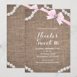 Invitación Burlap & Pearls Glamour Bow Rosado Dulce 16 Fiesta