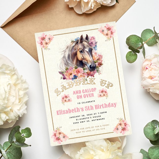 Invitación Burlap Pink Floral Horse fiesta de cumpleaños (Subido por el creador)