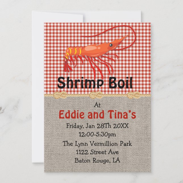 Invitación Burlap Red Gingham Shrimp Boil (Anverso)