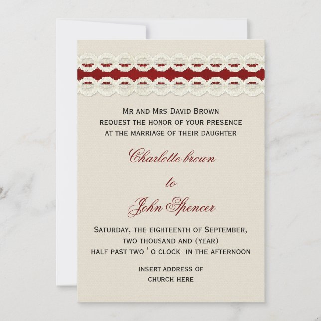 Invitación Burlap Rojo y la boda de un país de encaje (Anverso)