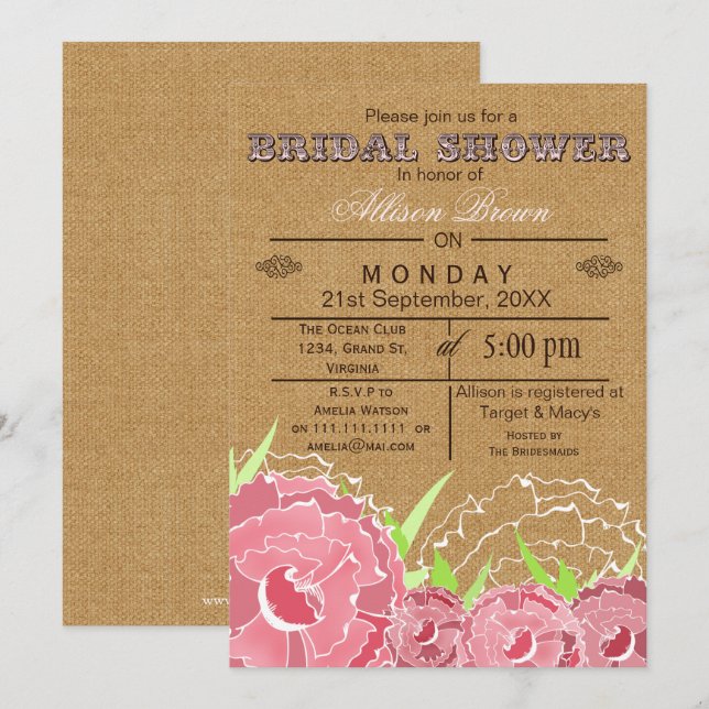 Invitación Burlap , rosa floral, rústico ducha de novia Invit (Anverso / Reverso)