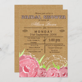 Invitación Burlap , rosa floral, rústico ducha de novia Invit
