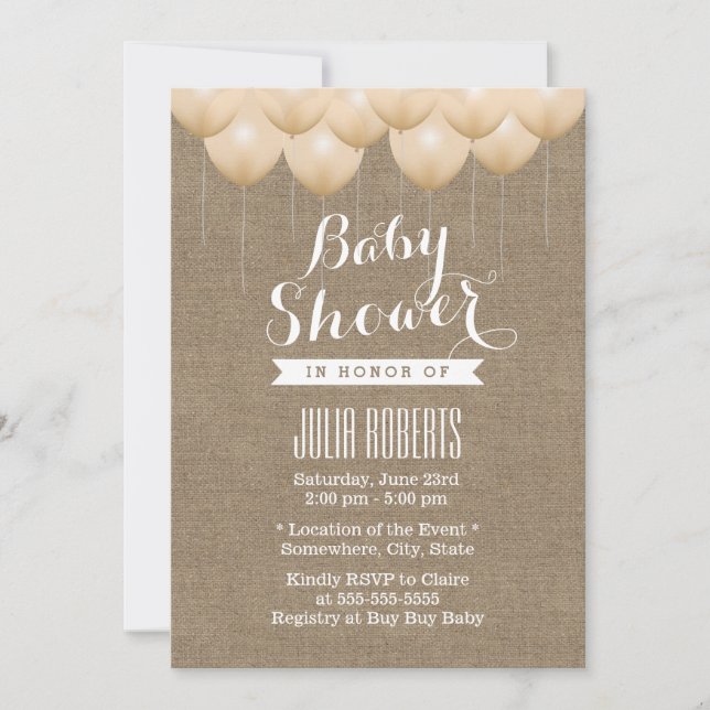 Invitación Burlap ruso y los globos neutros Baby Shower (Anverso)