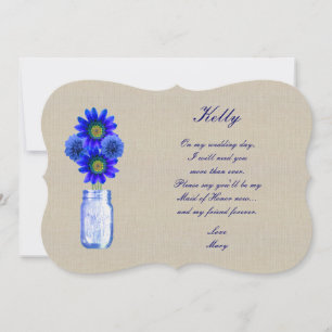 Invitación Burlap Rustic Blue Mason Jar Maid Of Honor Card