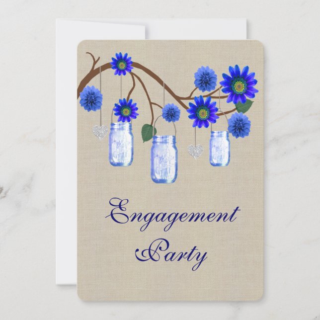 Invitación Burlap Rustic Blue Mason Jars Engagement Party (Anverso)
