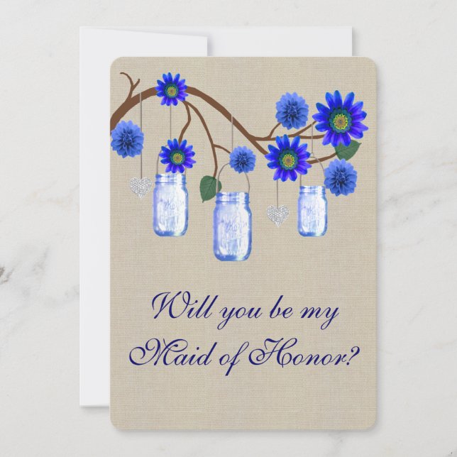 Invitación Burlap Rustic Blue Mason Jars Maid Of Honor Card (Anverso)