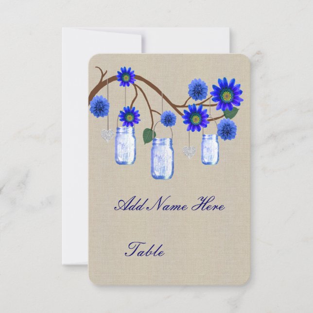 Invitación Burlap Rustic Blue Mason Jars Table Place Card (Anverso)