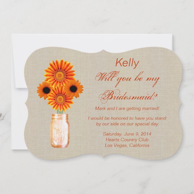 Invitación Burlap Rustic Naranja Mason Jar Bridesmaid Card (Anverso)