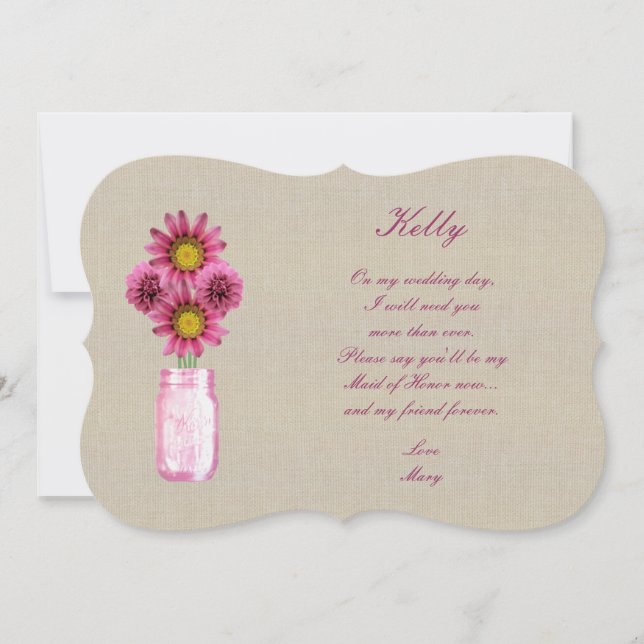 Invitación Burlap Rustic Pink Mason Jar Maid Of Honor Card (Anverso)