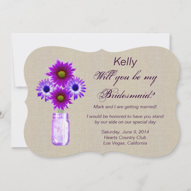 Invitación Burlap Rustic Purple Mason Jar Bridesmaid Card (Anverso)