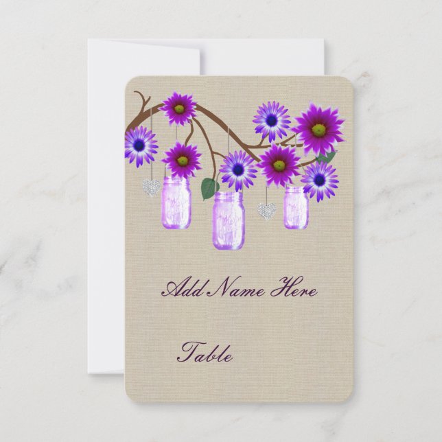 Invitación Burlap Rustic Purple Mason Jars Table Place Card (Anverso)