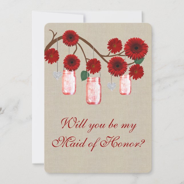 Invitación Burlap Rustic Red Mason Jars Maid Of Honor Card (Anverso)