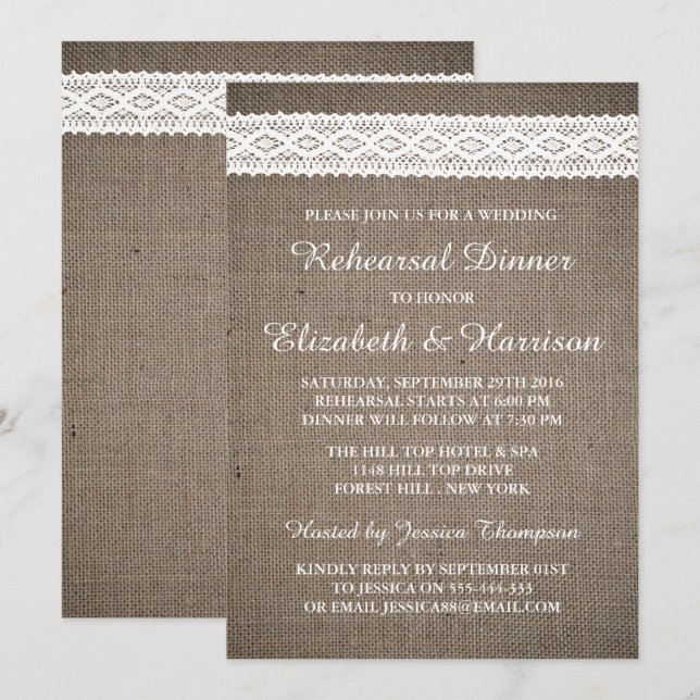 Invitación Burlap Rústico, Boda de encaje blanco Ensayo Cena (Anverso / Reverso)