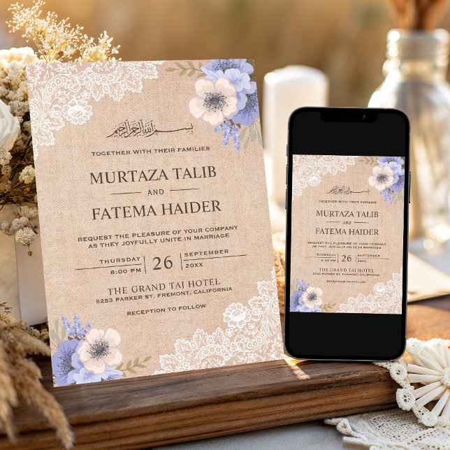 Invitación Burlap Rústico Boda Islámico Morado Floral (Subido por el creador)