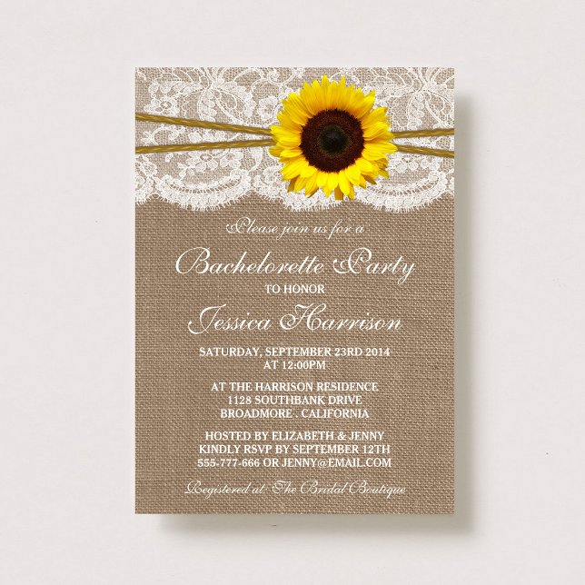 Invitación Burlap Rústico De Girasol, Bachelorette De Lace Y  (Subido por el creador)