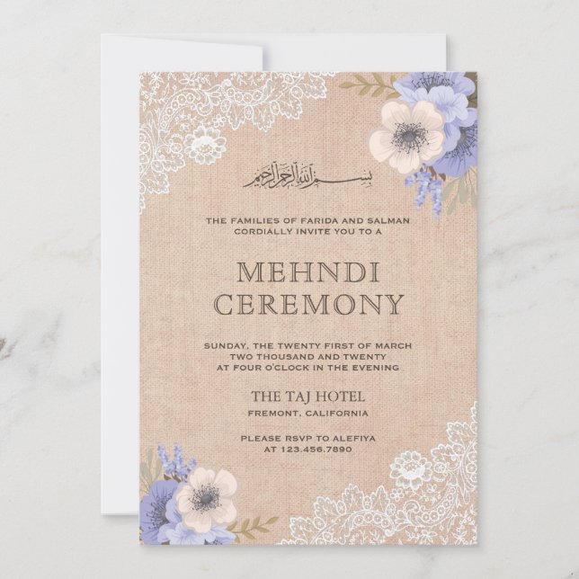 Invitación Burlap Rústico Encaje Morado Floral Islámico Mehnd (Anverso)