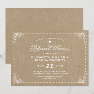 Invitación Burlap Rústico guión de época ensayar cena