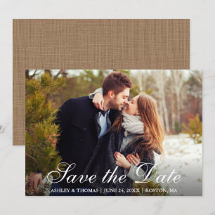 Invitación Burlap Rústico salva la foto de la pareja de citas
