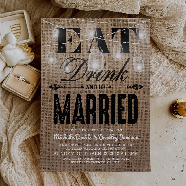 Invitación Burlap se come una bebida y se casó con Boda (Subido por el creador)