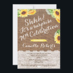 Invitación burlap sorpresa 70th Birthday Party for lady<br><div class="desc">Borracho y fondo de efecto de encaje con hermosas imágenes de girasol para este diseño de la Invitación de la Fiesta de Aniversario Sorpresa 70 para una dama.</div>