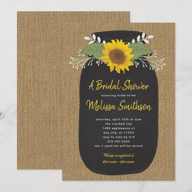 Invitación Burlap Sunflower Chalk Mason Jar Bridal Shower (Anverso / Reverso)