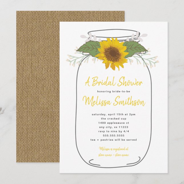 Invitación Burlap Sunflower Mason Jar Bridal Shower | blanco (Anverso / Reverso)