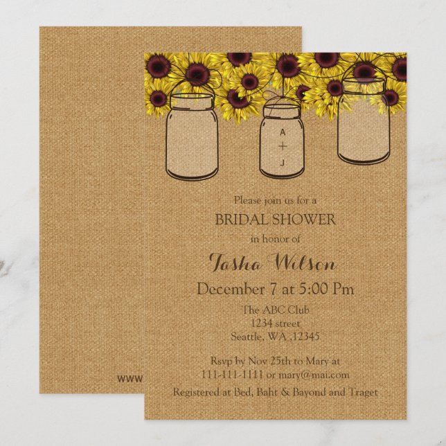 Invitación Burlap Sunflowers Mason Jars Bridal Shower Invite (Anverso / Reverso)