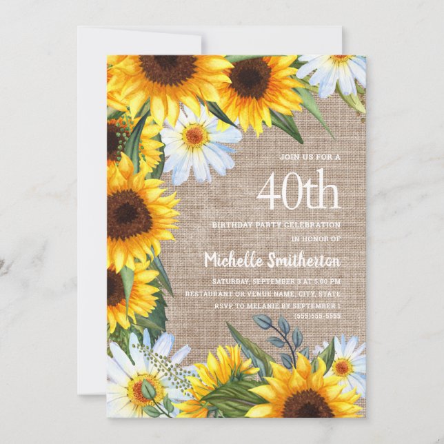 Invitación Burlap White Daisies Yellow Sunflower 40º cumpleañ (Anverso)