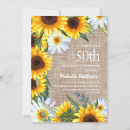 Invitación Burlap White Daisies Yellow Sunflower 50º cumpleañ