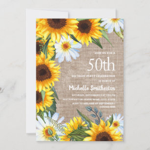 Invitación Burlap White Daisies Yellow Sunflower 50º cumpleañ