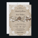 Invitación Burlap White Floral Lace String Lights Wedding<br><div class="desc">This elegant and romantic rustic country wedding invitation featuring burlap hearts against a beige burlap background adorned with delicate floral lace and string lights is perfect for inviting your guests to your rustic country or barn wedding party.</div>
