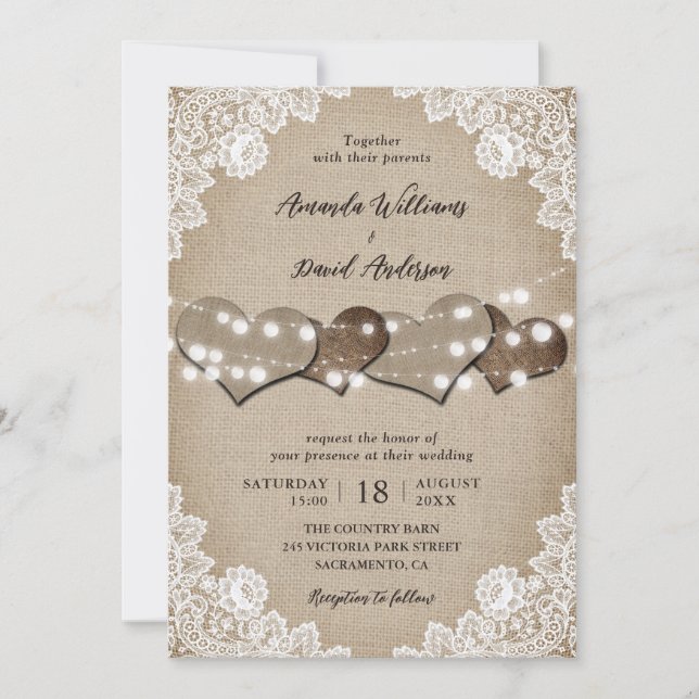Invitación Burlap White Floral Lace String Lights Wedding (Anverso)