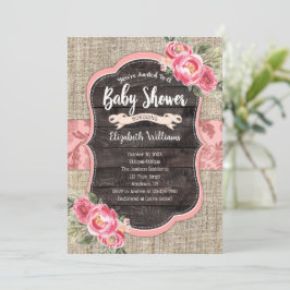 Invitación Burlap Wood Chica de Flores Rosa Baby Shower